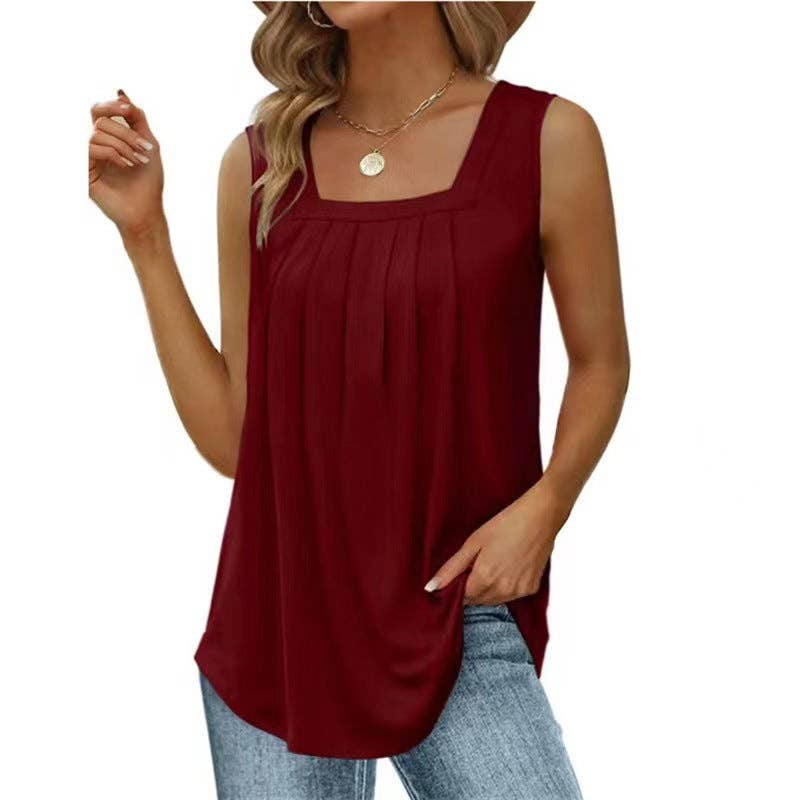 Lovesoft - Square Neck Pleated Sleeveless Flowy Tank Top