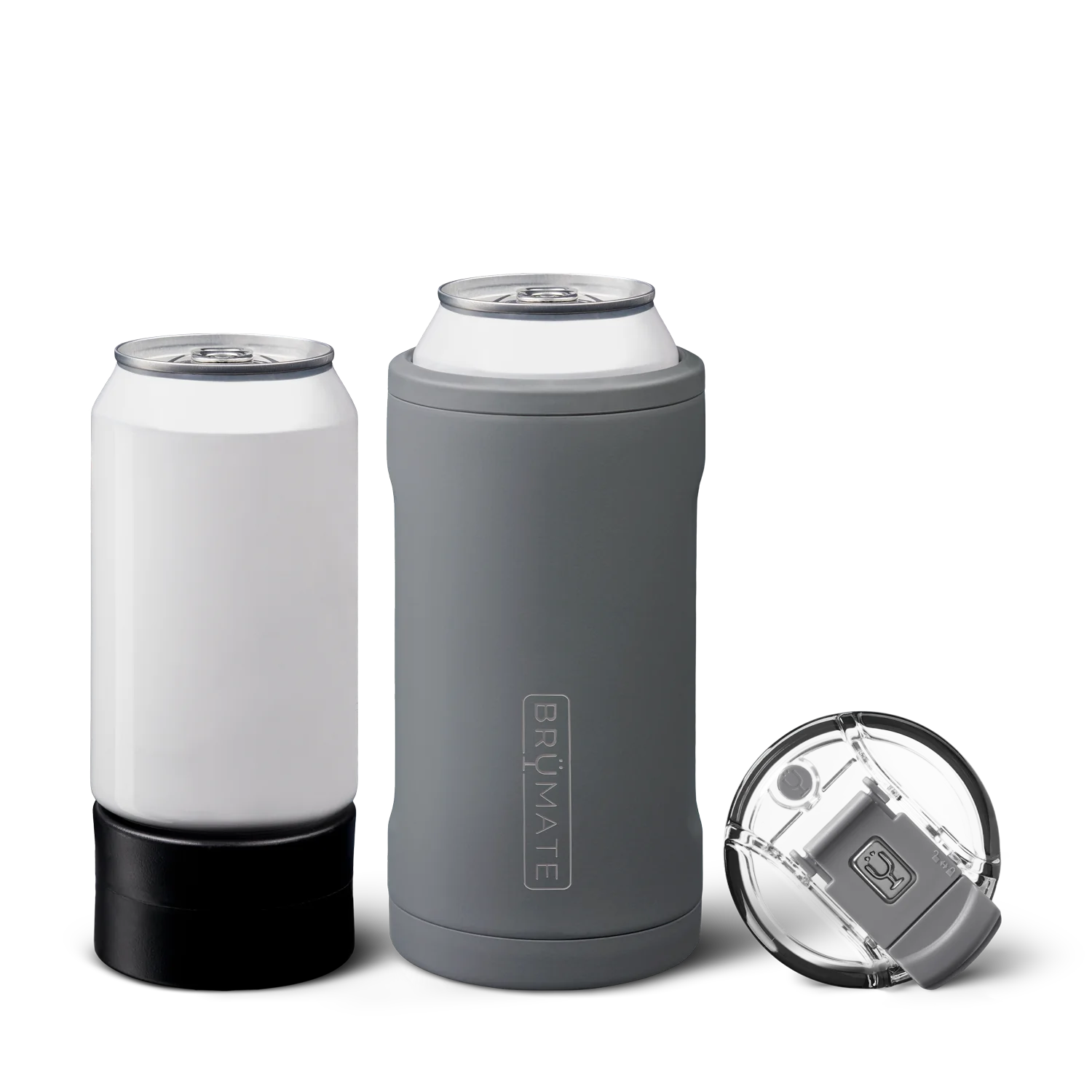 Brumate Can Cooler in Gray, designed to keep drinks cold with an insulated exterior