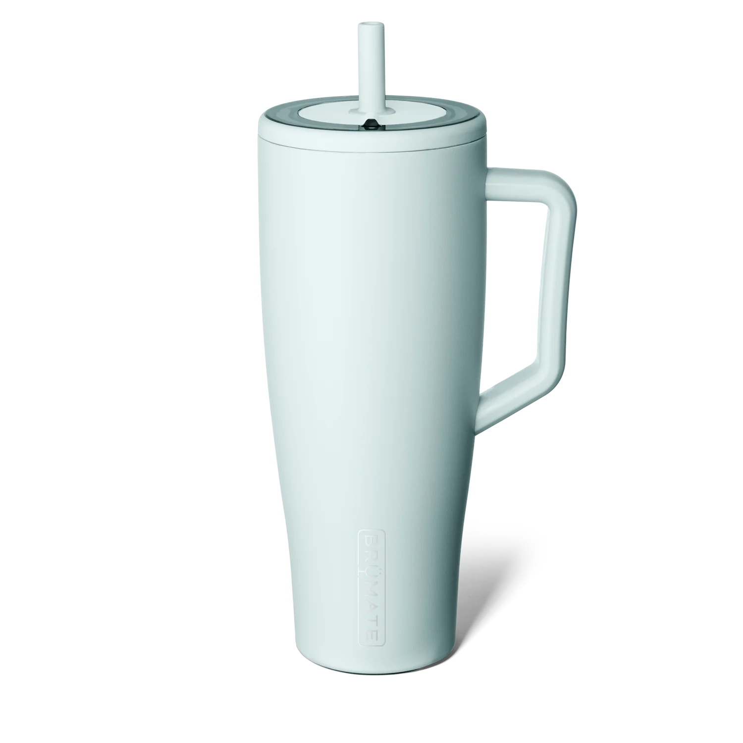 Brumate insulated travel mug for beach in sleek white design with comfortable handle and secure lid