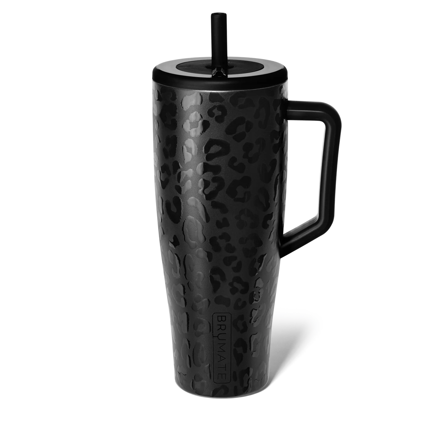 Brumate insulated travel mug for beach in sleek black leopard print with a straw