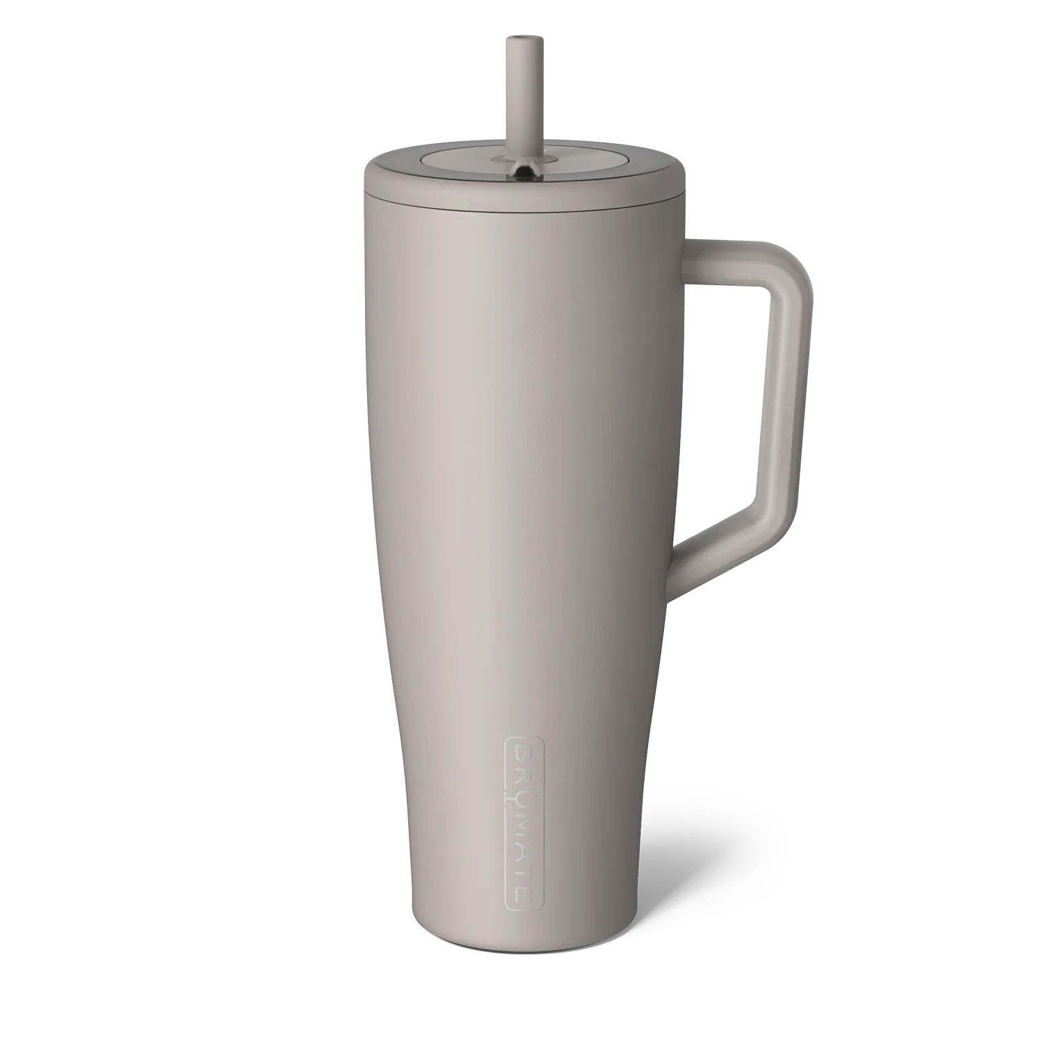 Brumate insulated travel mug for beach in soft gray with straw and handle for easy sipping