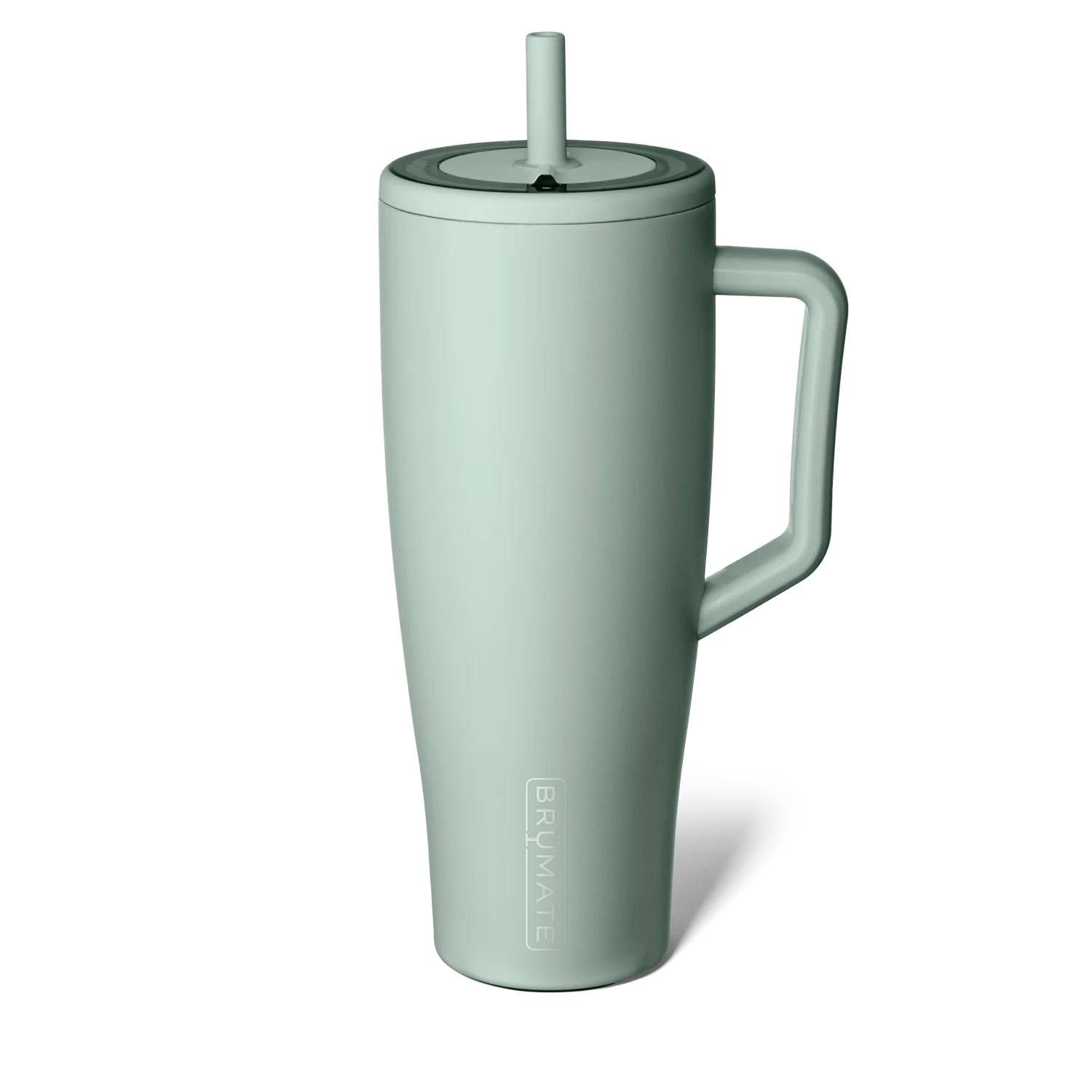 Brumate insulated travel mug for beach in mint color with a sturdy handle and detachable lid