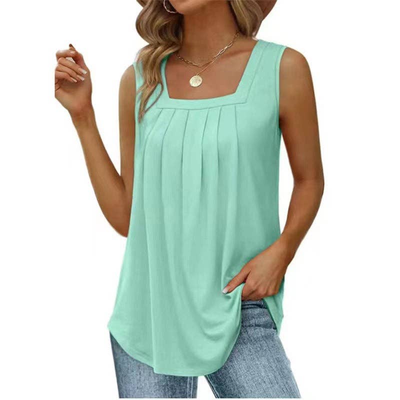 Lovesoft - Square Neck Pleated Sleeveless Flowy Tank Top
