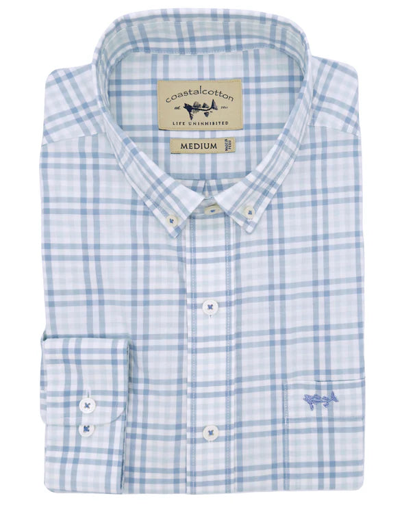 Coastal Cotton Button Up Shirt in Blue Plaid with Button Down Collar for Casual Style