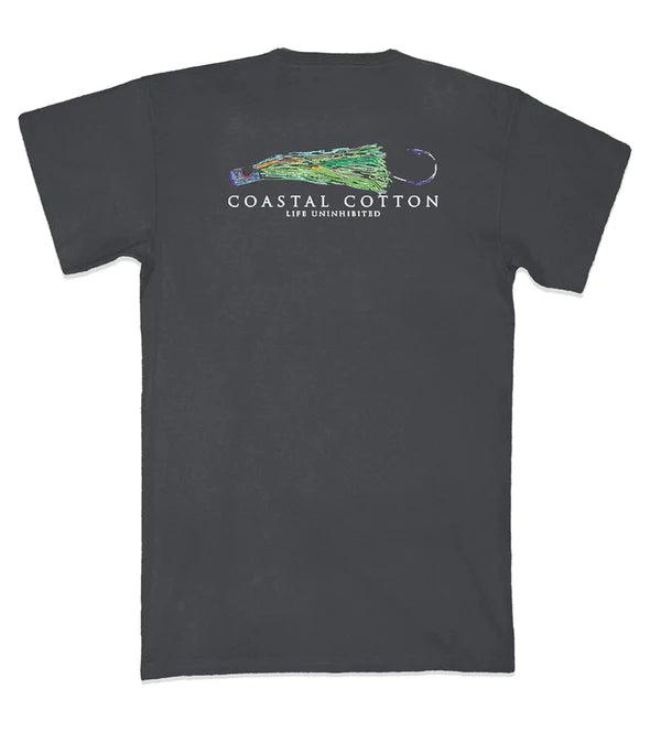 Coastal Cotton Fishing Apparel Coastal Tee featuring a colorful fishing lure design on the back