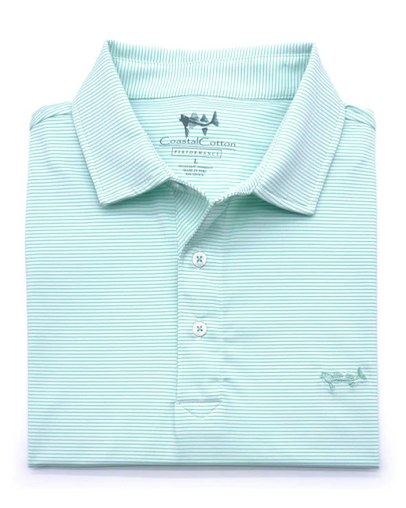 Coastal Cotton micro stripe performance polo in mint green with stylish collar and breathable fabric