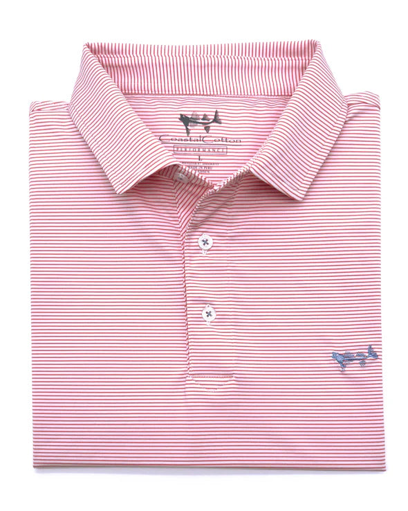 Coastal Cotton micro stripe performance polo in red with a classic collar and buttons