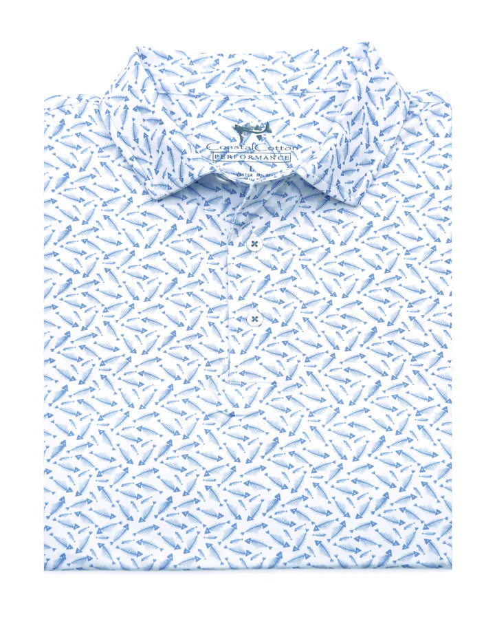 Coastal cotton polo shirt in light blue with a stylish fish pattern, perfect for casual outings