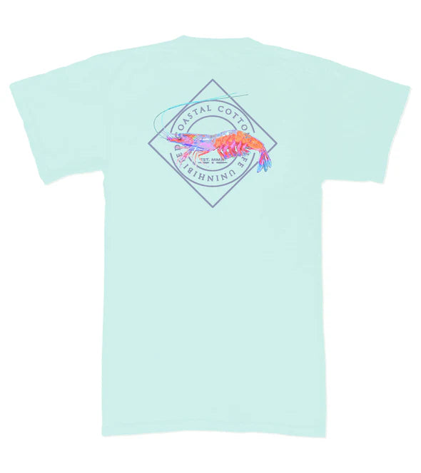 Coastal Cotton Shrimp Tee in mint green with colorful shrimp graphic on the back