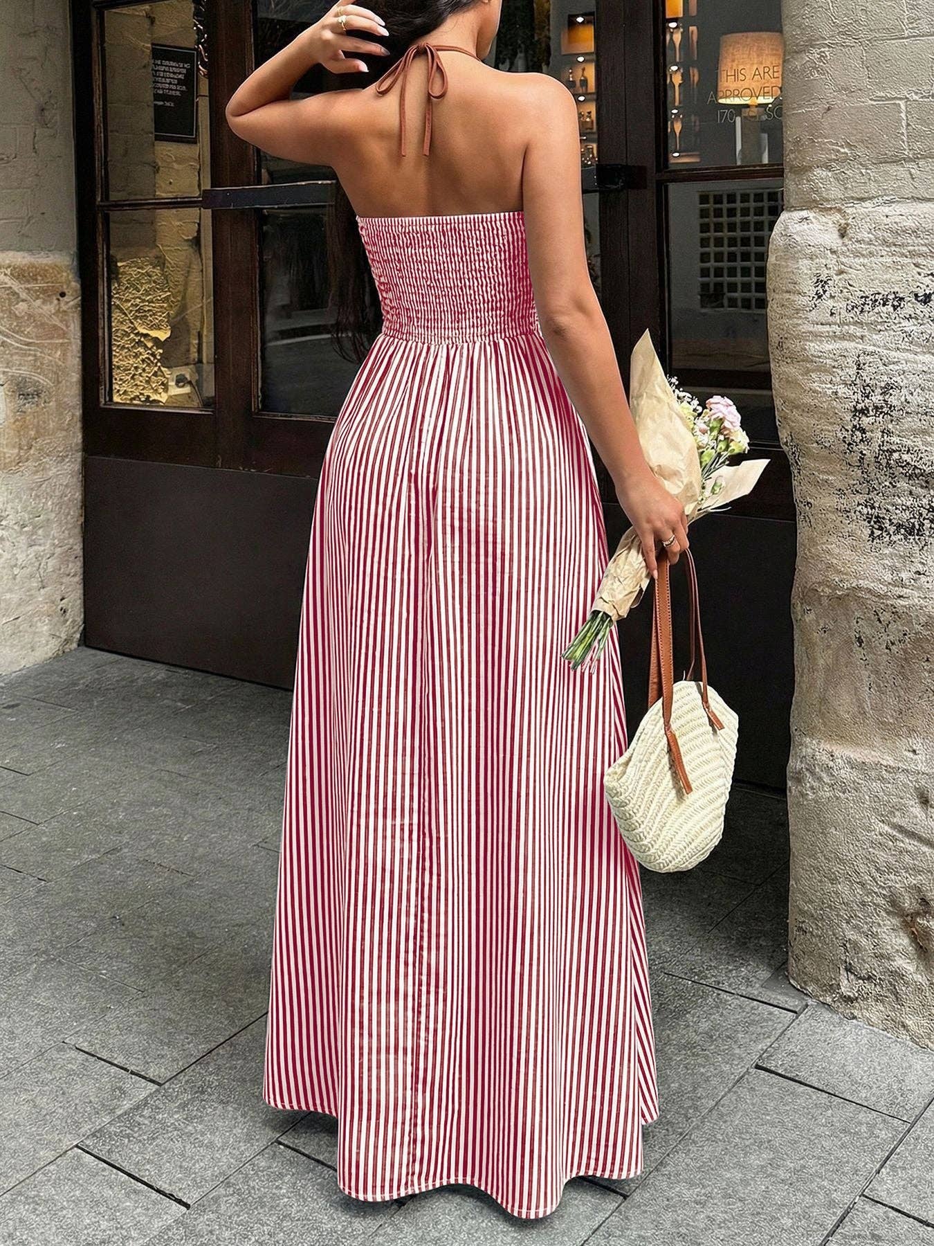 Lovesoft - Striped Halter Backless V Neck Maxi Dress