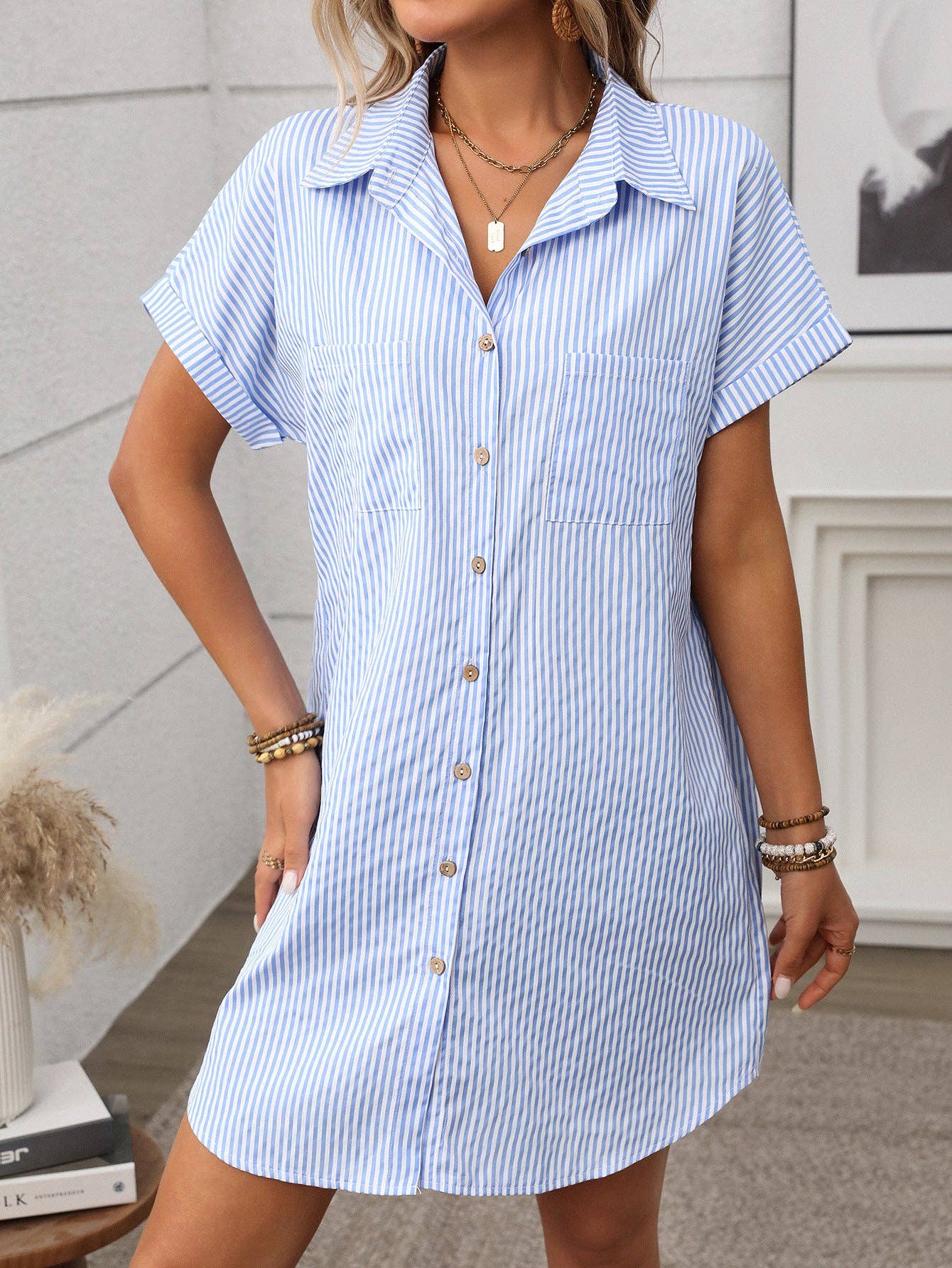 Suhkasana - Striped Button Down Shirt Dress Casual Summer Midi