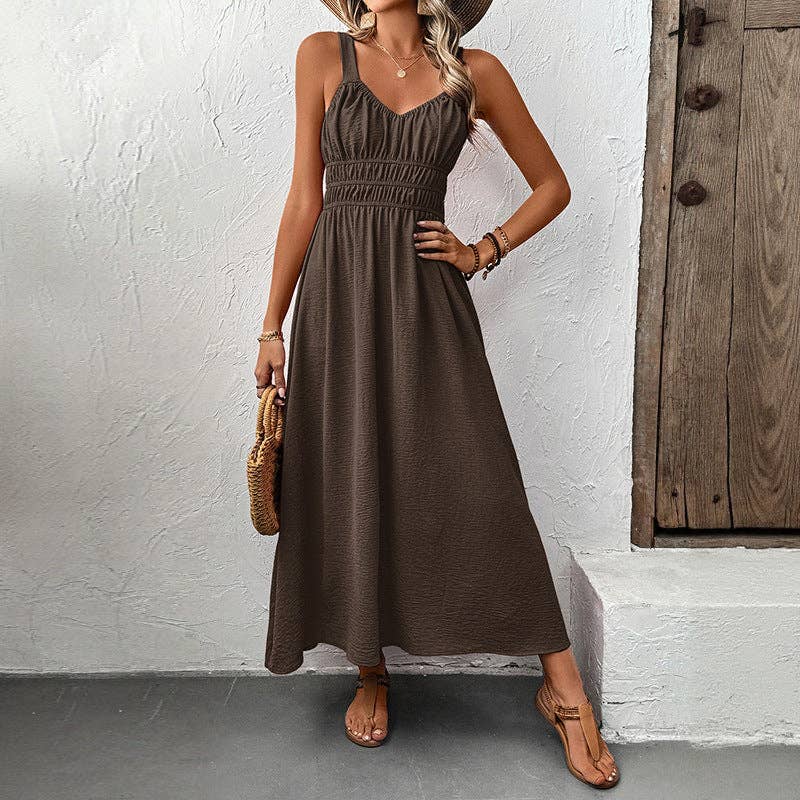Suhkasana - Women's Smocked Maxi Dress Sleeveless V Neck Sundress