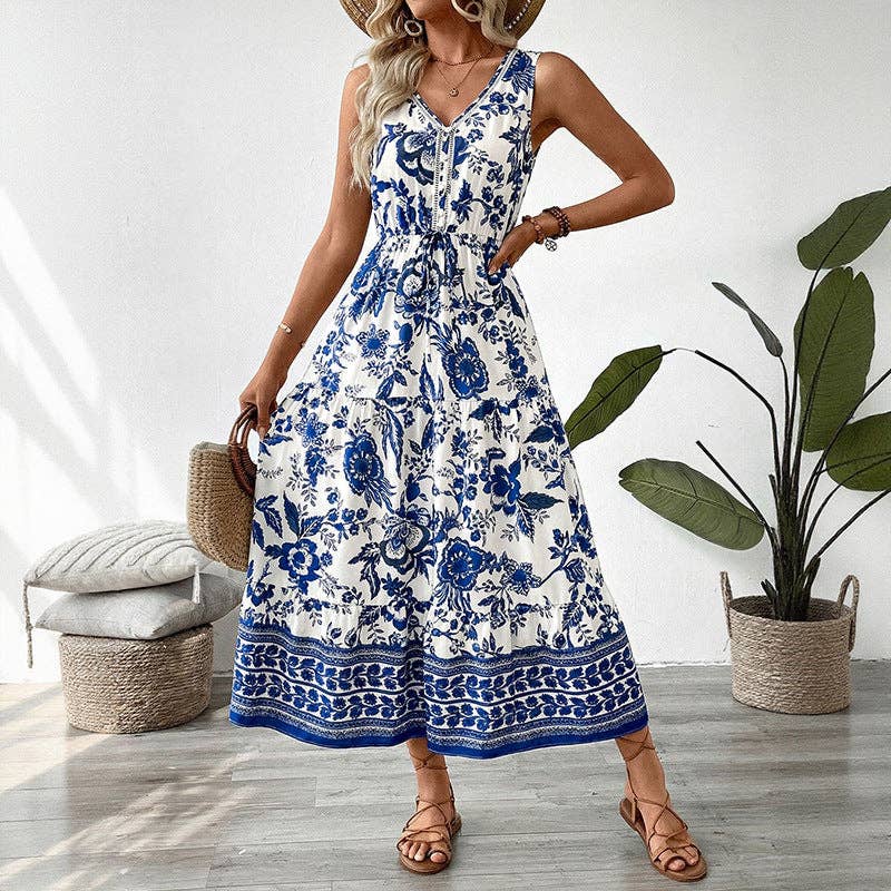 Suhkasana - Boho Blue Floral V Neck Sleeveless Maxi Dress