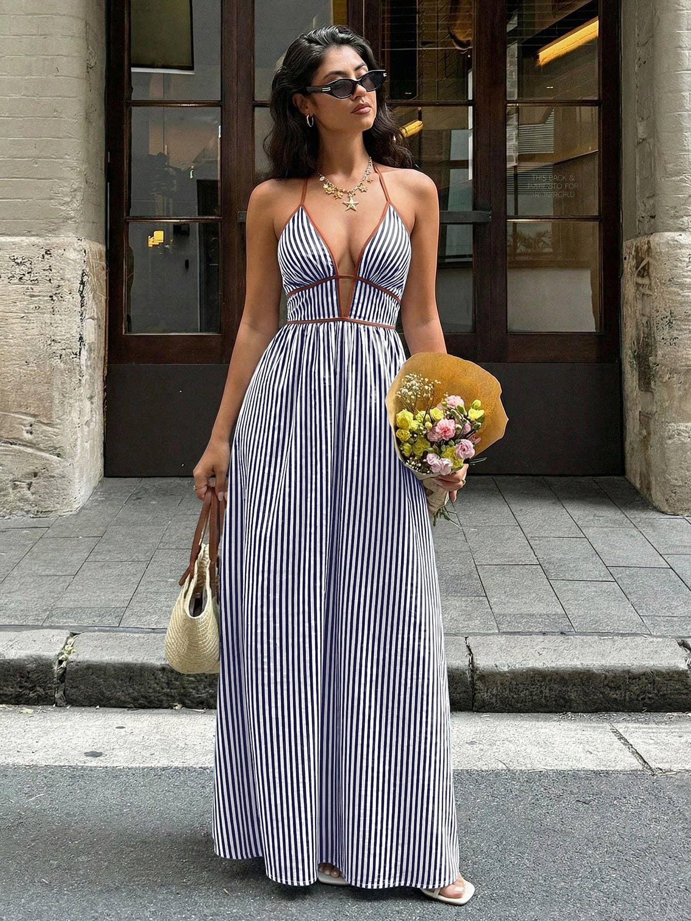 Lovesoft - Striped Halter Backless V Neck Maxi Dress