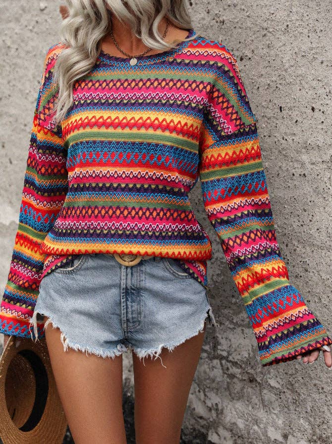 Suhkasana - Boho Geometric Knit Sweater Bell Sleeve Crew Neck Top