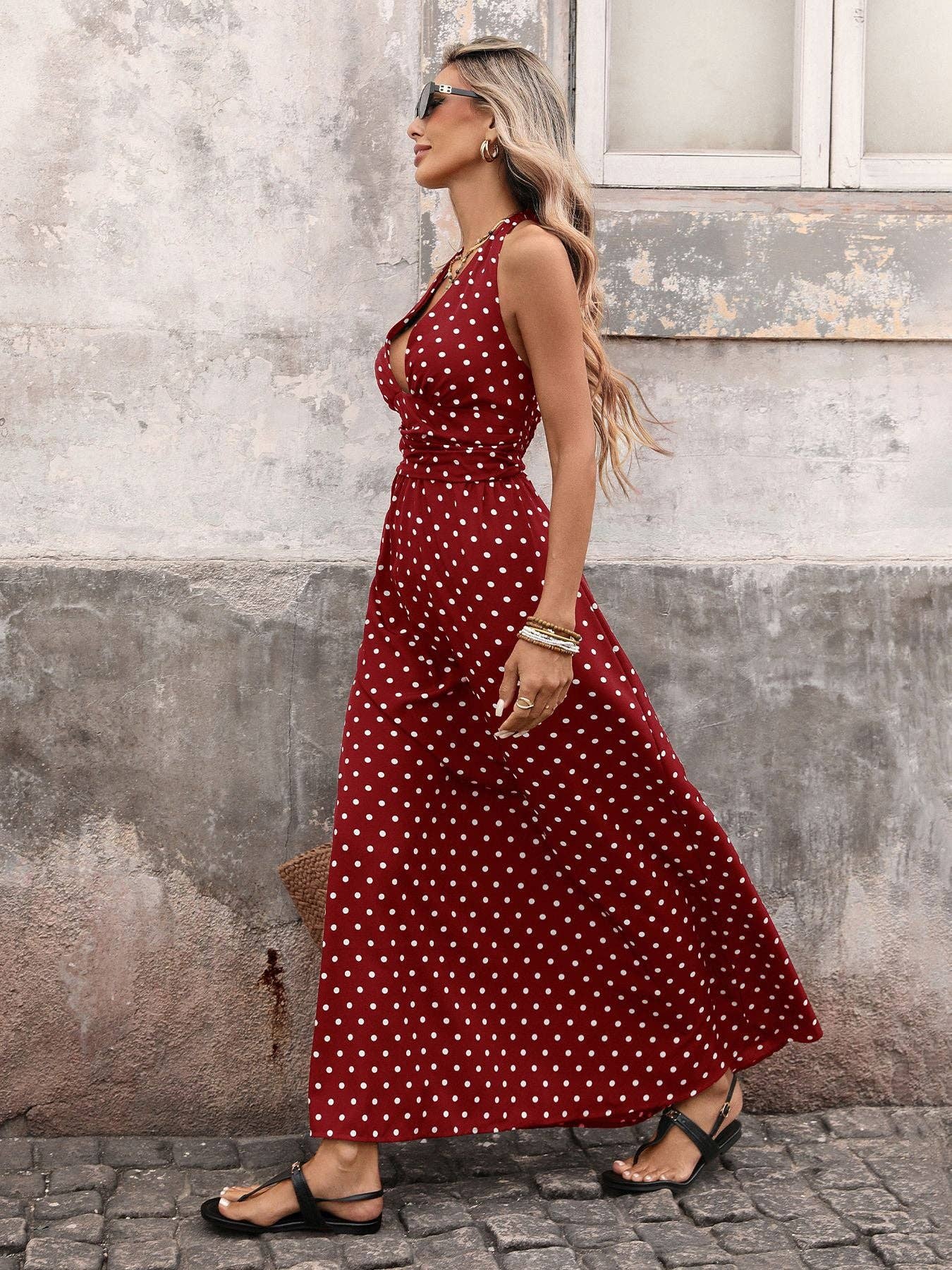 Suhkasana - Black Polka Dot Halter Deep V Maxi Dress Summer