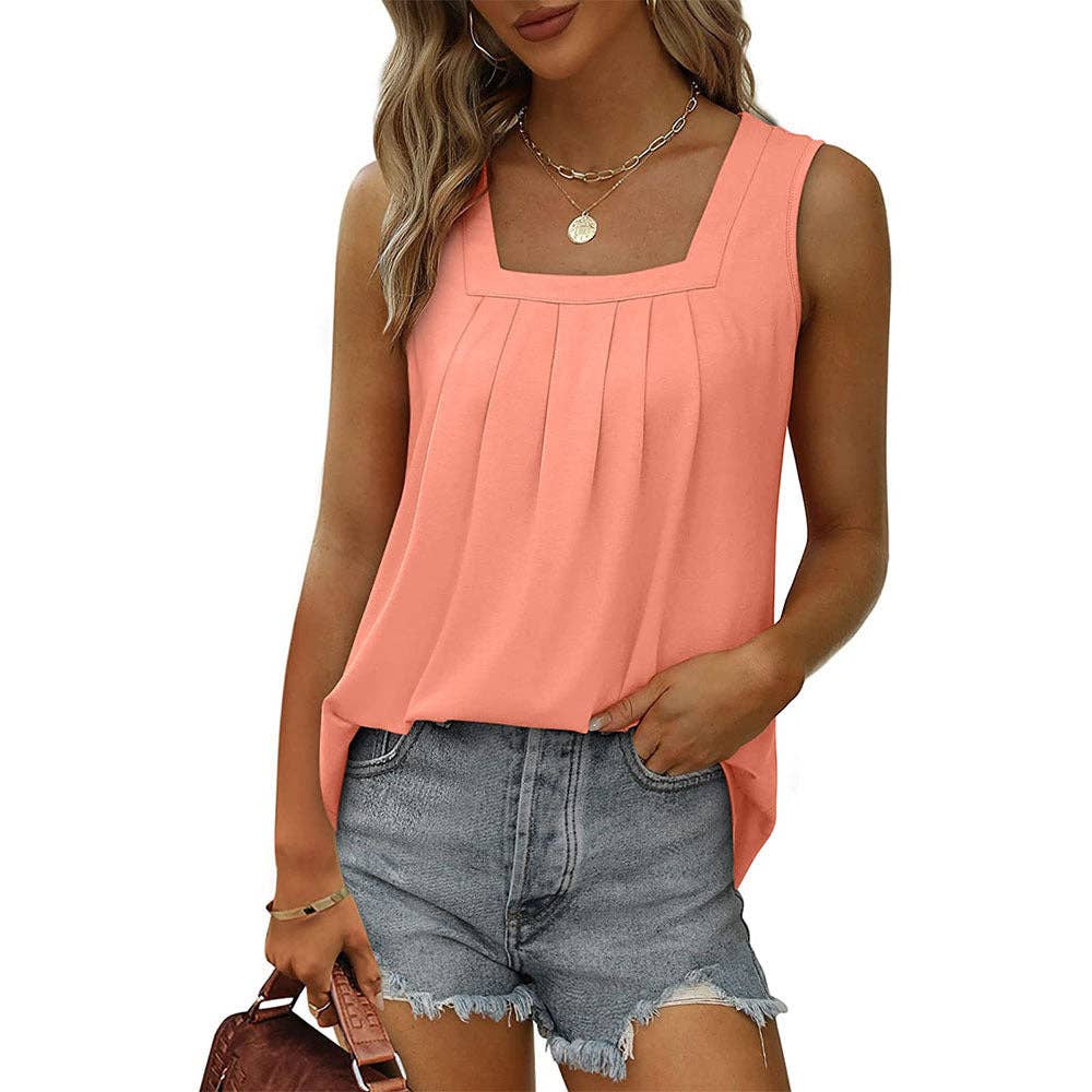 Lovesoft - Square Neck Pleated Sleeveless Flowy Tank Top