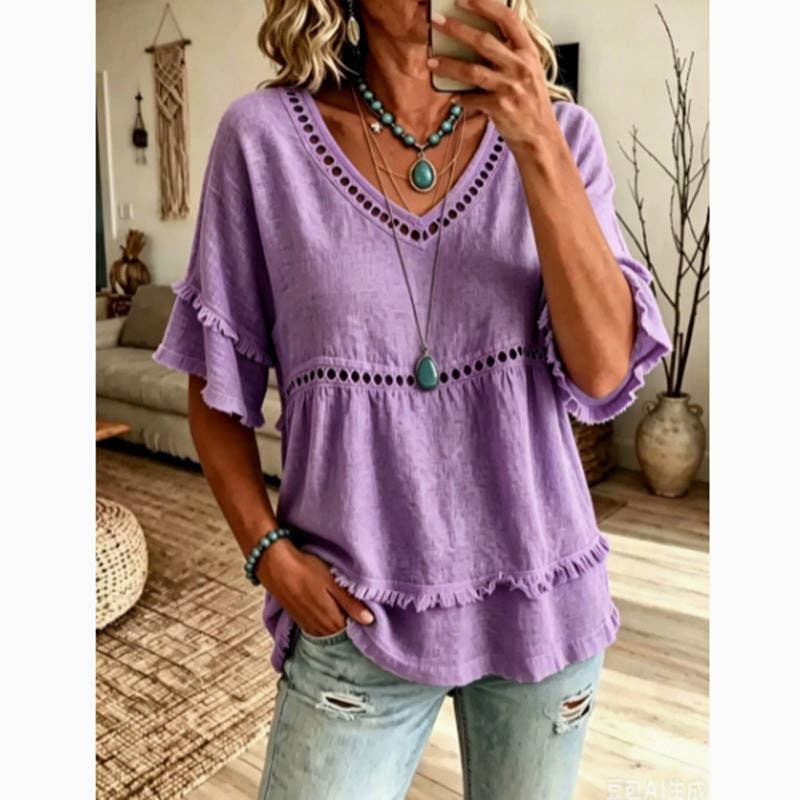 Suhkasana - Boho Linen Blouse Eyelet Ruffle Sleeve