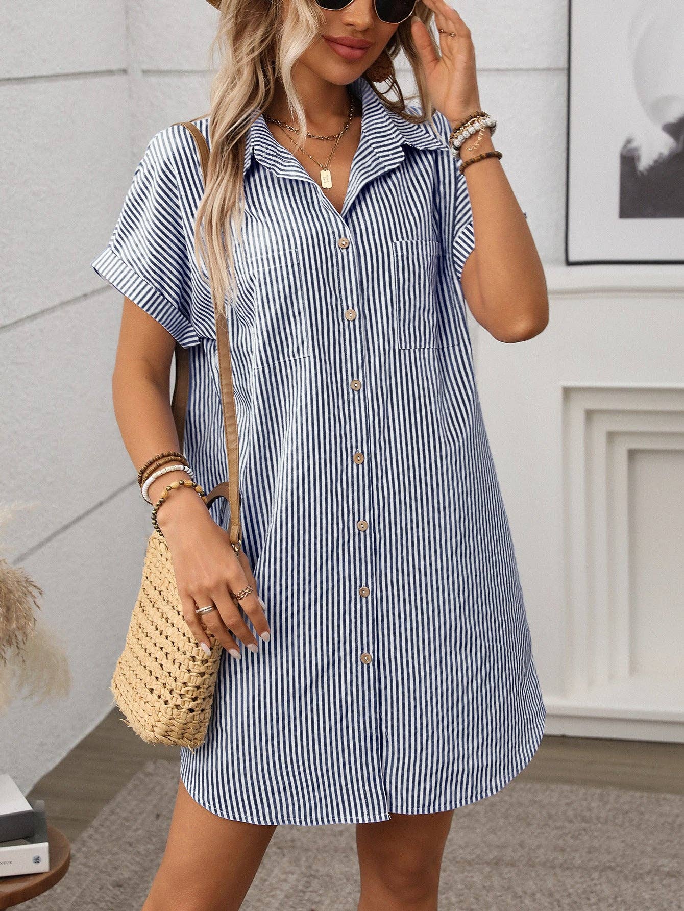 Suhkasana - Striped Button Down Shirt Dress Casual Summer Midi