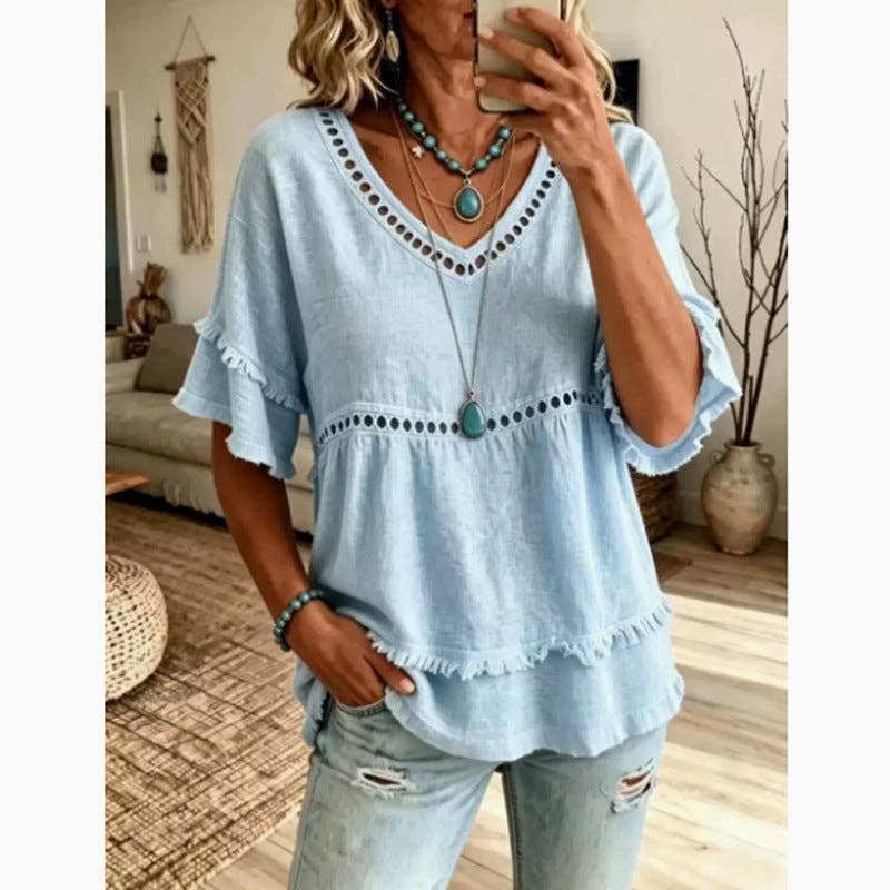Suhkasana - Boho Linen Blouse Eyelet Ruffle Sleeve