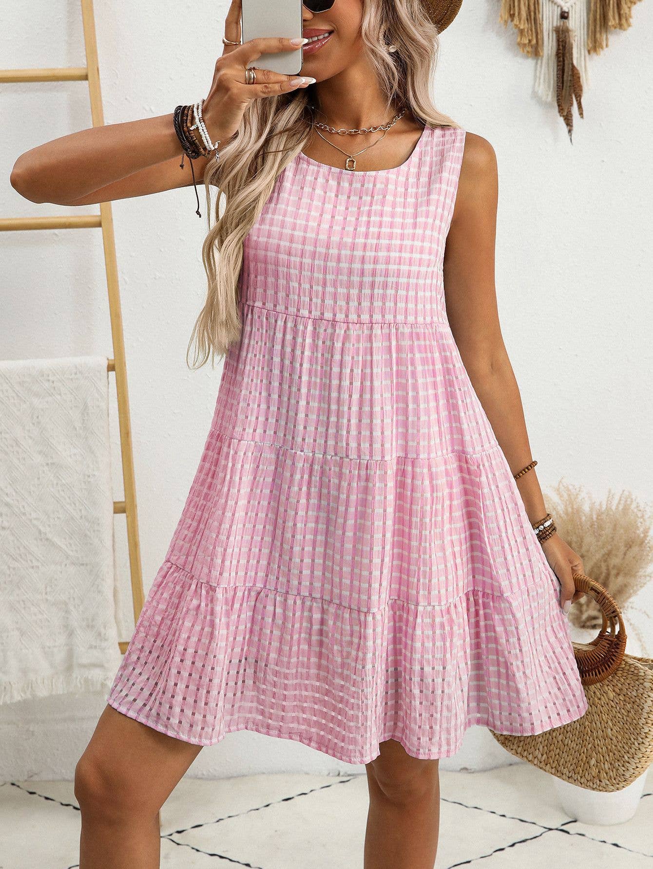 Anna Kaci Wholesale - Checkered Tiered Sleeveless Mini Dress