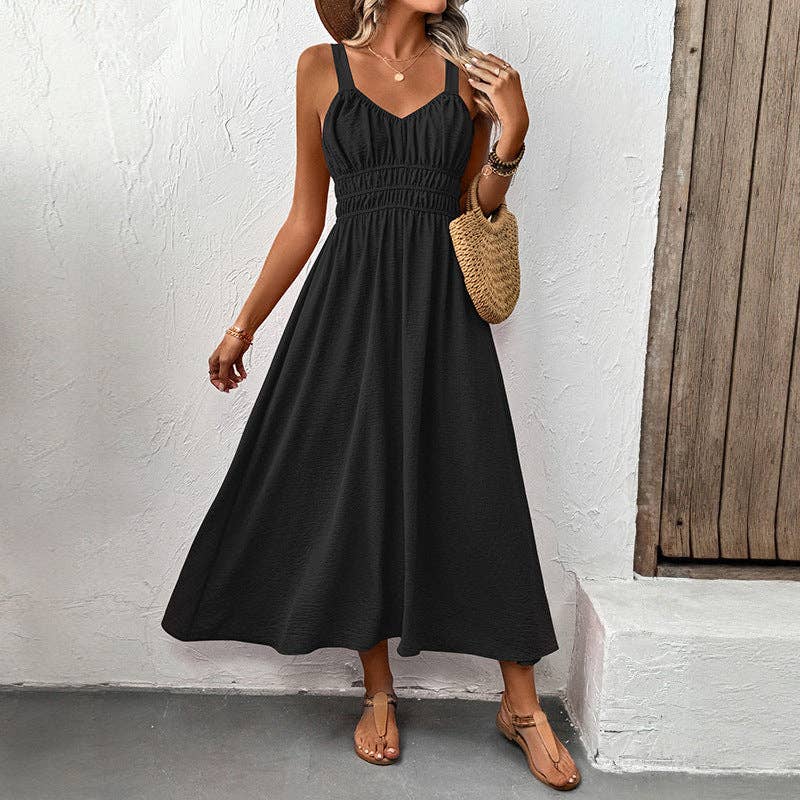 Suhkasana - Women's Smocked Maxi Dress Sleeveless V Neck Sundress