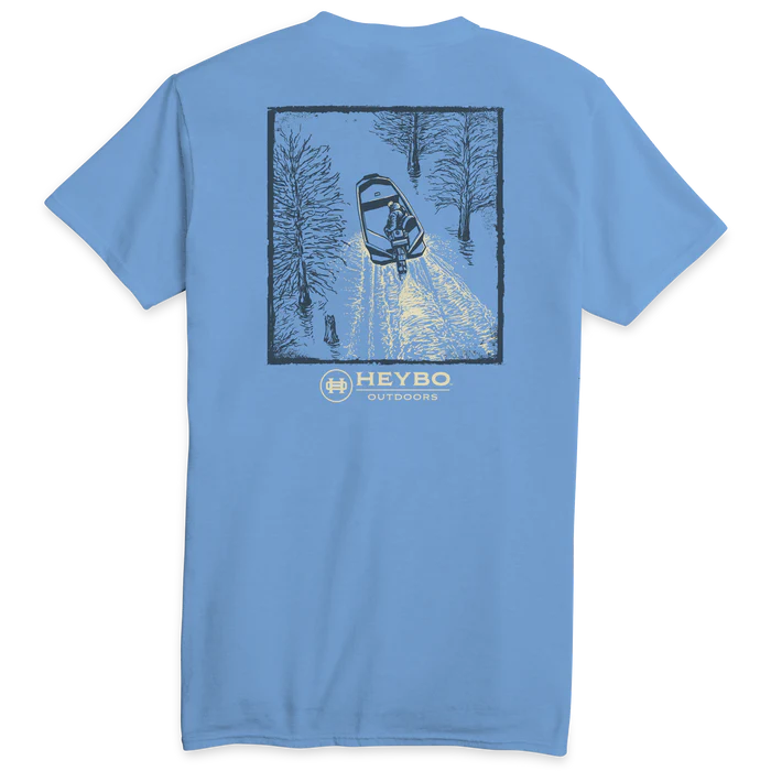Heybo Outdoors Blue T-Shirt featuring a snow scene with a car and trees for outdoor enthusiasts