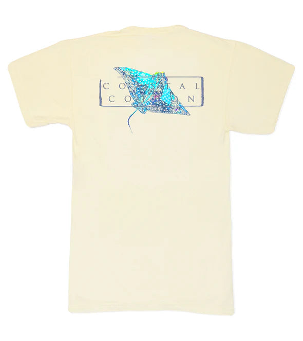 Spotted ray beach t-shirt by Coastal Cotton featuring a vibrant graphic on the back