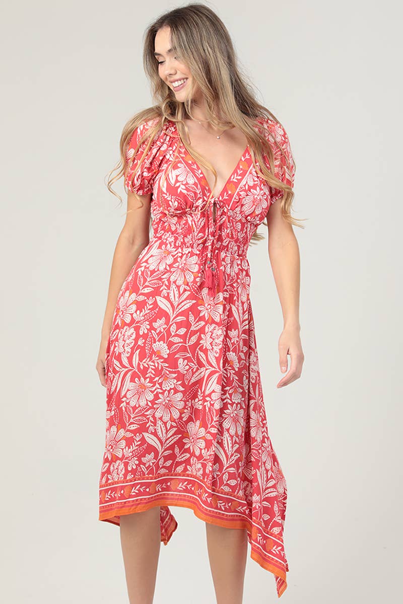 ANGIE summer floral maxi with sleeves in a vibrant coral color featuring a cinched waist and flowy hem