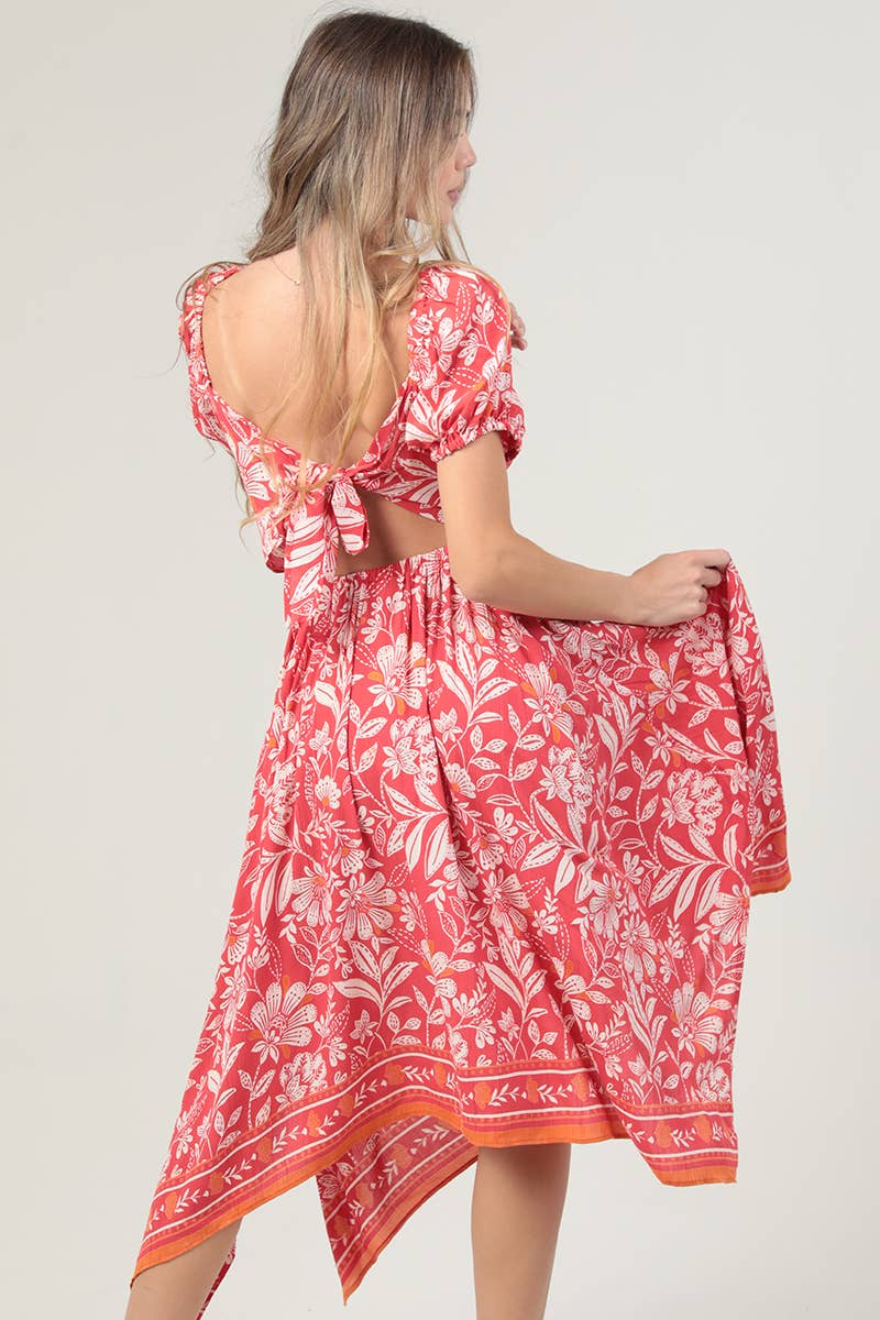 ANGIE summer floral maxi with sleeves in pink with floral pattern and open back design