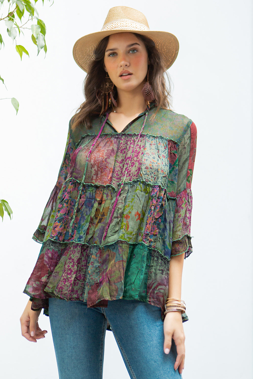 YT - CHIC 3/4 SLEEVE PATCHWORK JHABLA TOP