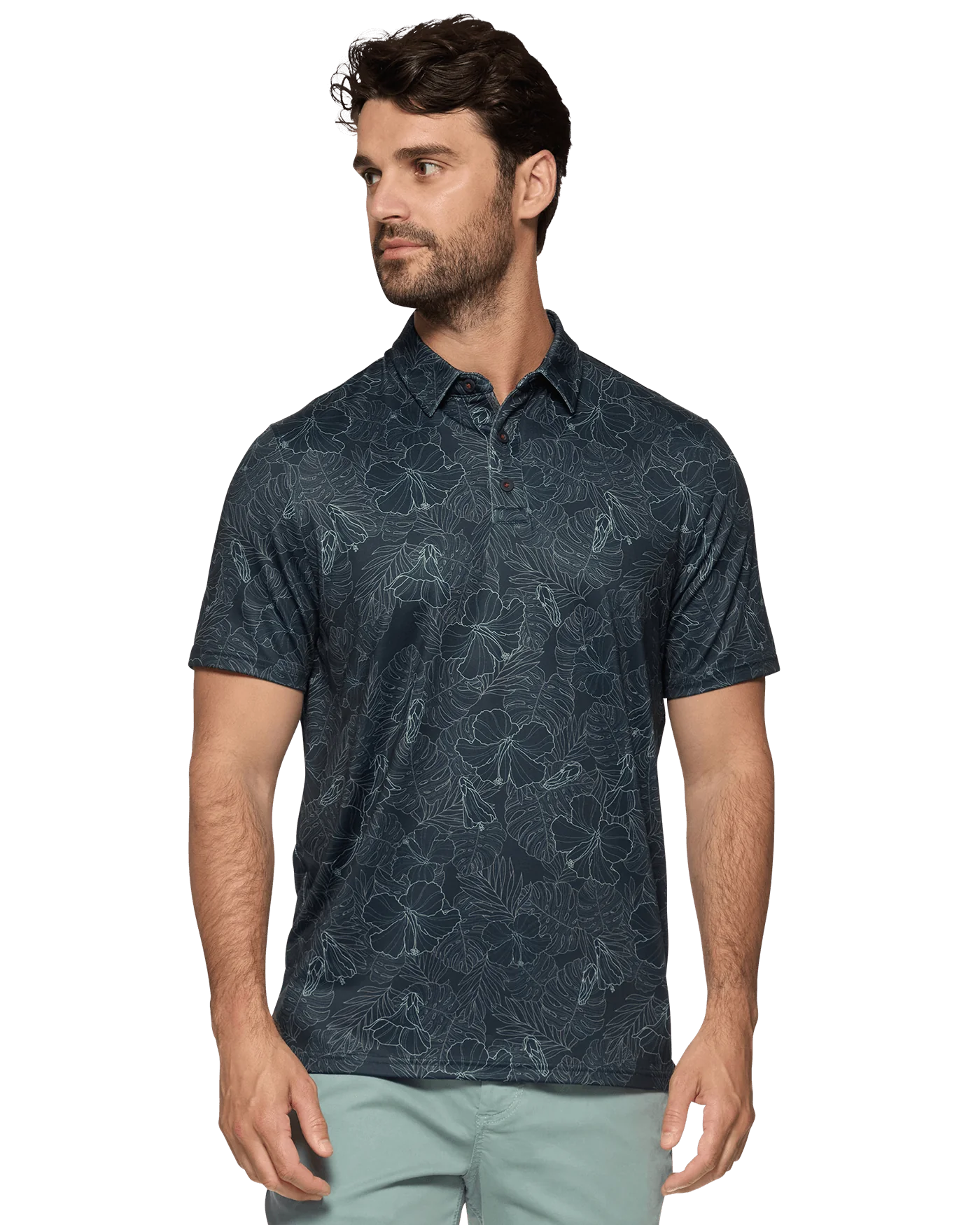 Flag and Anthem men's navy blue polo shirt with floral pattern and short sleeves