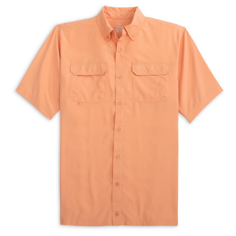 Heybo Short Sleeve Fishing Shirt in Coral with Two Chest Pockets and Button Closure