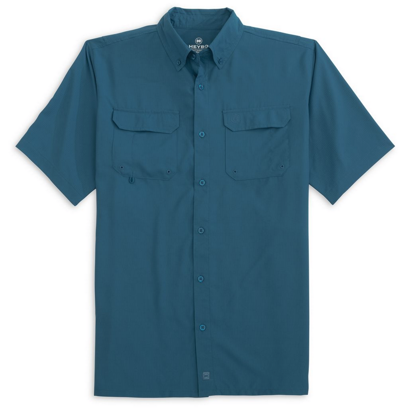 Heybo Short Sleeve Button-Up Shirt in Teal with Two Front Pockets for Casual Wear